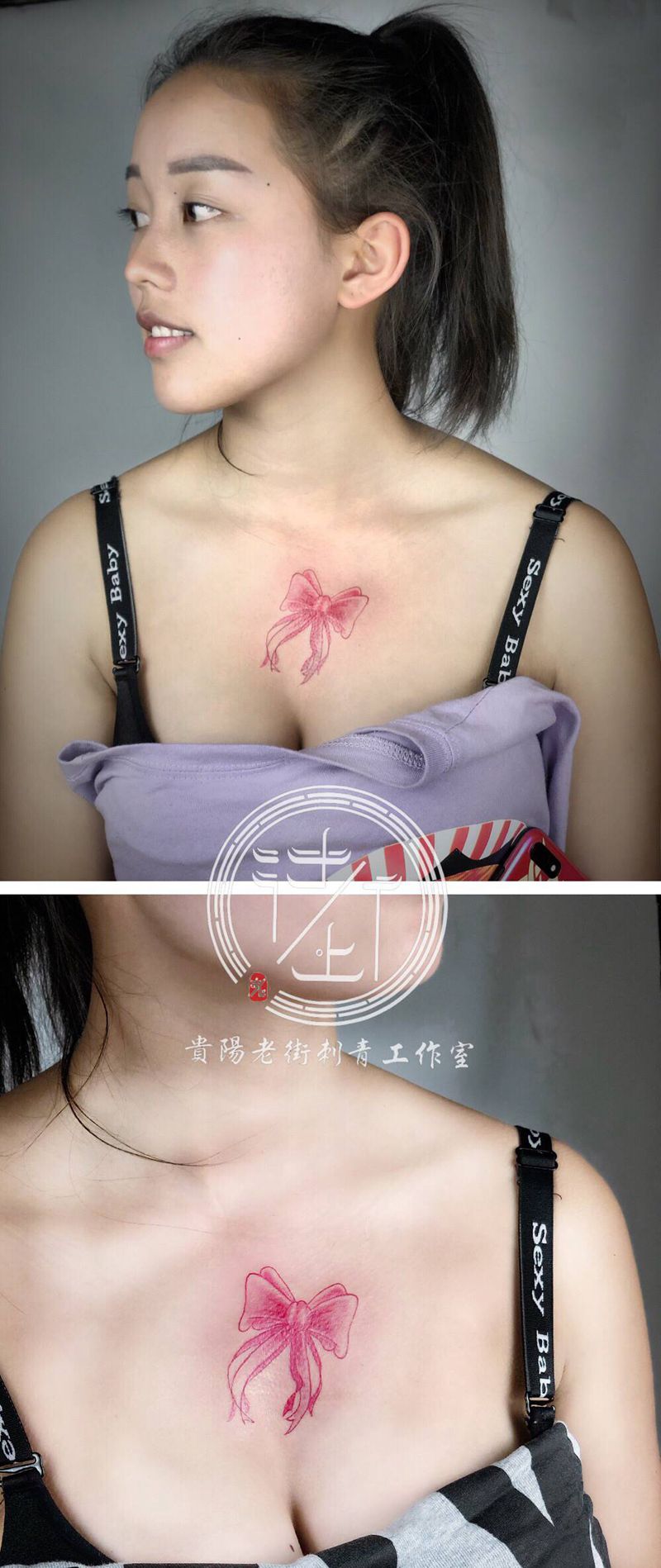 翔子作品，蝴蝶结。纹身图片_胸部几何蝴蝶结纹身图案