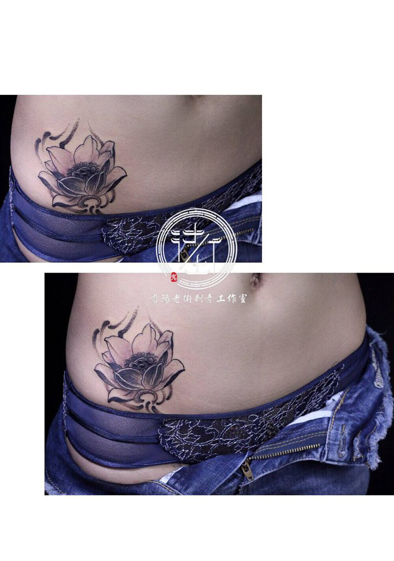 翔子作品，荷花未完成。纹身图片_腹部新传统荷花纹身图案