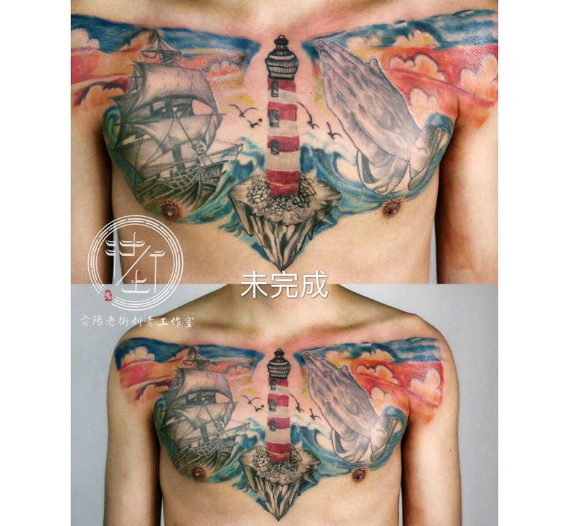 翔子作品，未完成的欧美花胸。纹身图片_胸部欧美写实花胸纹身图案