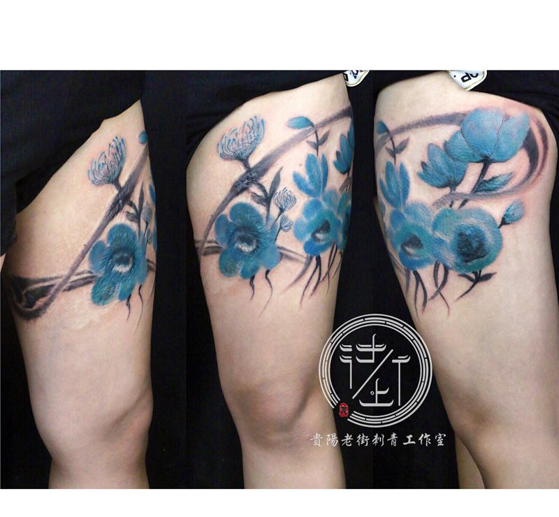 翔子遮盖伤疤作品，水墨丹青。纹身图片_腿部水彩水墨花纹身图案