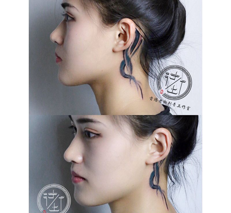 翔子作品，耳后水墨。纹身图片_颈部水墨纹身图案