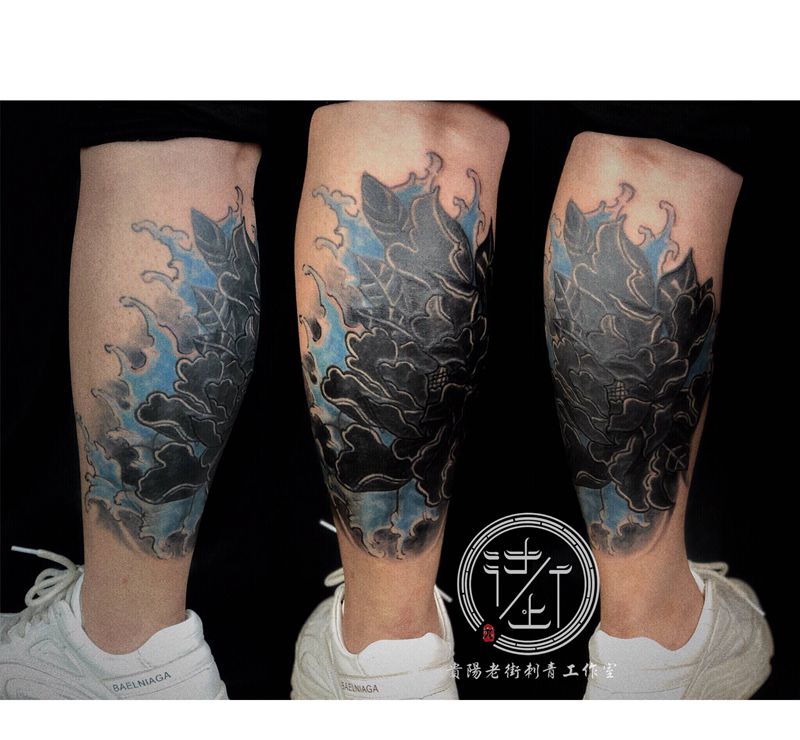 翔子作品，遮盖疑难杂症。纹身图片_腿部新传统牡丹纹身图案