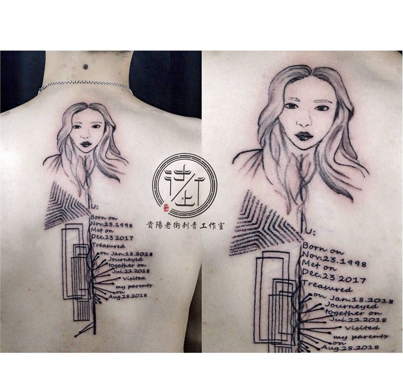 翔子作品，极简的回忆于记录纹身图片_背部几何情侣极简纹身图案