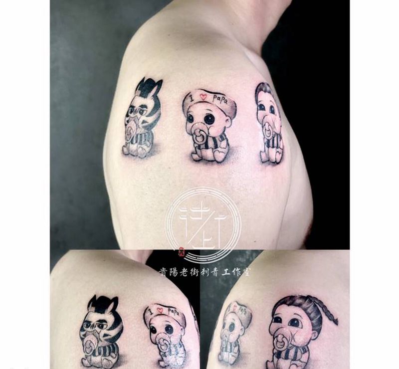 全家福纹身图片_手臂New School全家福可爱简笔画纹身图案