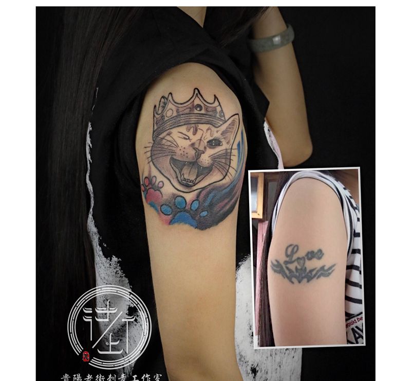 翔子作品，拯救不开心。纹身图片_手部水彩猫遮盖纹身图案