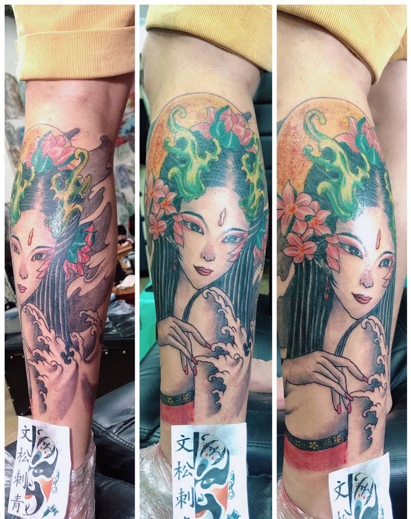 艺妓纹身图片_腿部纹身图案