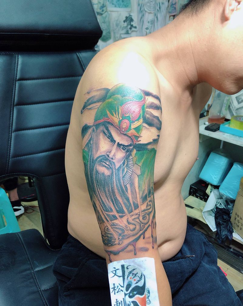 关公在前，人身安全，关公在后，纹身图片_手臂纹身图案