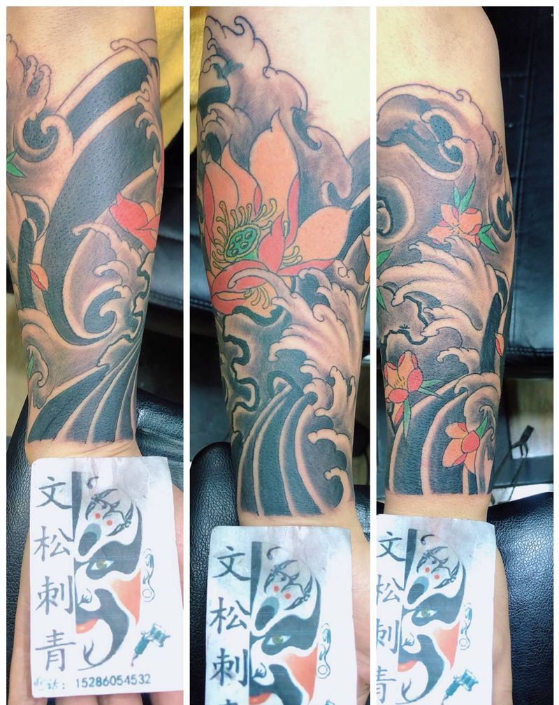 水浪包臂纹身图片_手臂纹身图案