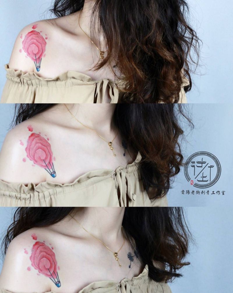 热气球纹身图片_成品肩部清新几何贵阳贵州热气球纹身图案