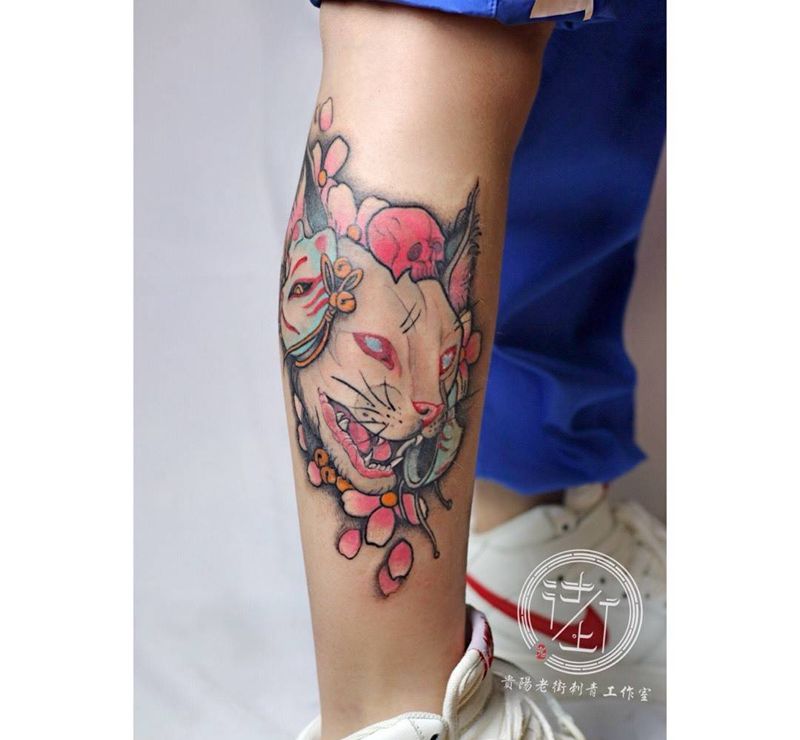 日式猫小腿作品纹身图片_腿部新传统New School纹身图案