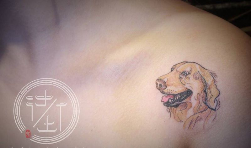 水彩金毛纹身图片