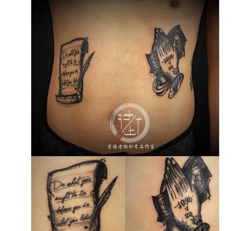 书信于祈祷纹身图片_腹部Old School纹身图案