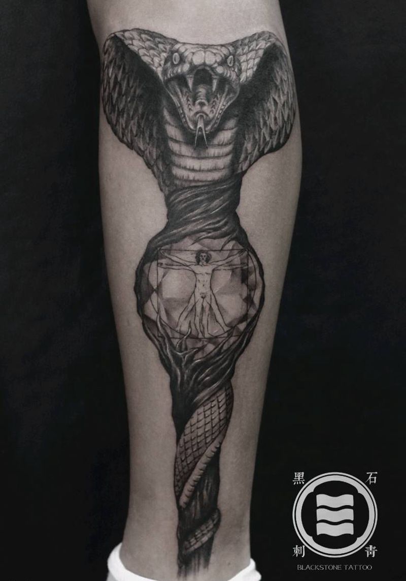 蛇杖纹身图片_腿部欧美写实纹身图案