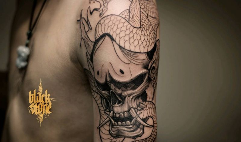 般若、蛇，未完成纹身图片_手臂新传统纹身图案