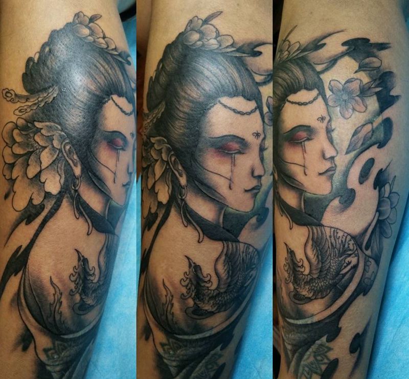 艺伎纹身图片_腿部纹身图案