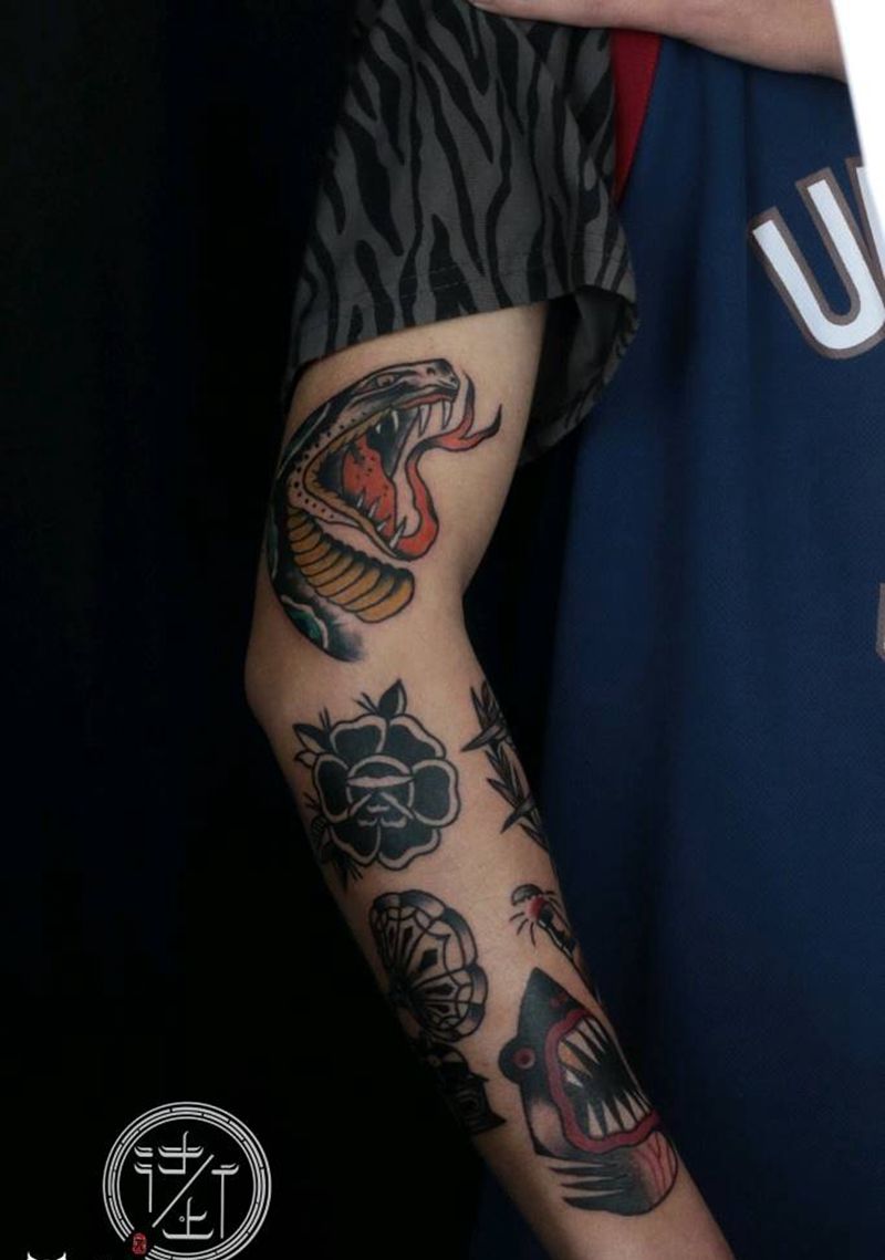 Old school拼接纹身图片_手臂Old School花臂拼接纹身图案