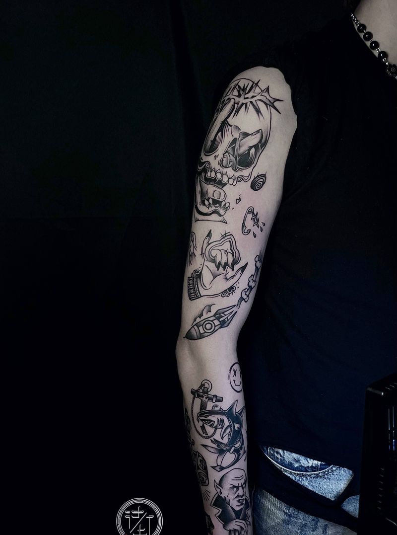 Oldschool黑灰拼接纹身图片_花臂拼接填空黑灰oldschool纹身图案