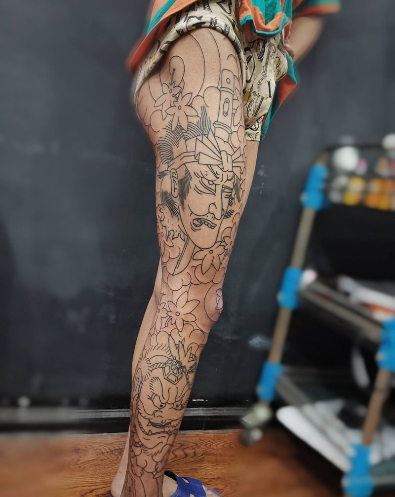 老传统花腿未完成下次继续纹身图片_老传统纹身图案
