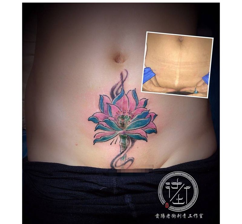 剖腹产遮盖纹身图片_腹部老传统莲花纹身图案