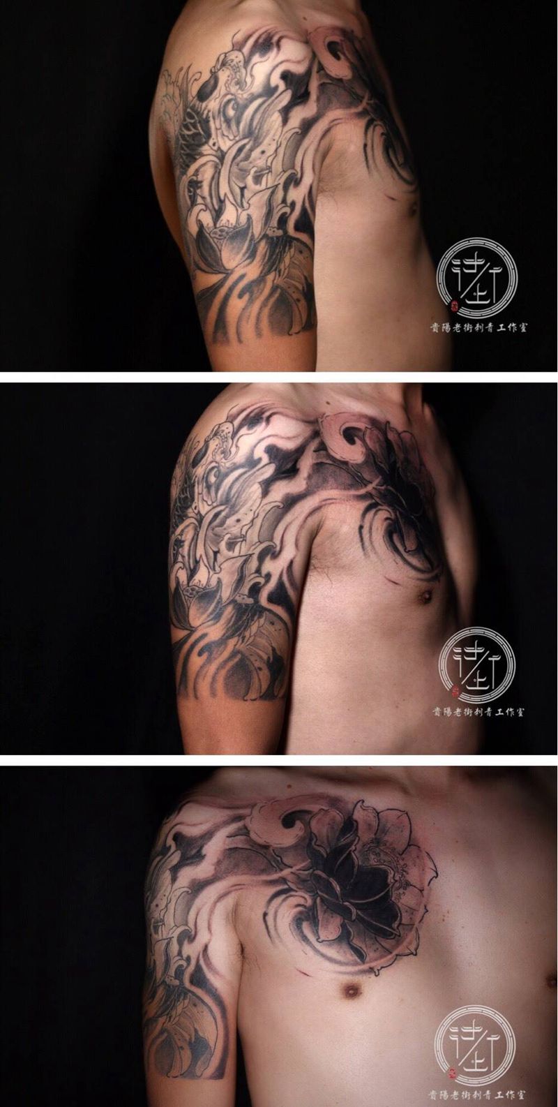 传统半甲纹身图片_胸部手臂新传统鲤鱼半甲纹身图案