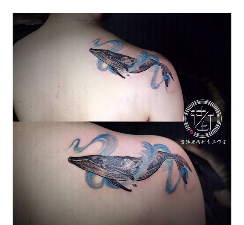 鲸于海纹身图片_背部水彩点刺纹身图案