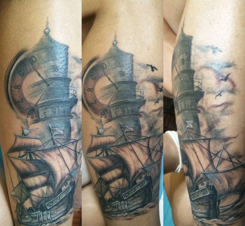 帆船纹身图片_腿部成品纹身图案