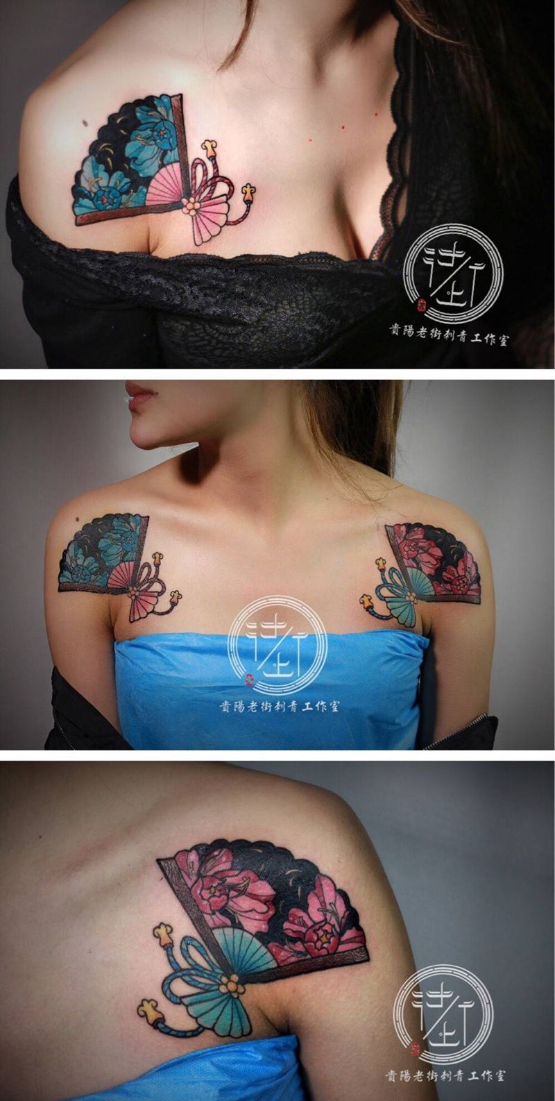 肩花纹身图片_肩部胸部老传统新传统贵阳纹身图案