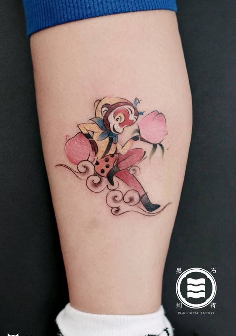 孙悟空遮盖疤痕纹身图片_腿部水墨纹身图案