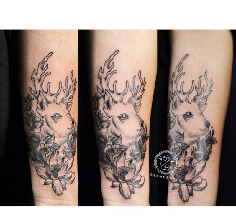 麋鹿纹身图片_手部欧美写实几何纹身图案