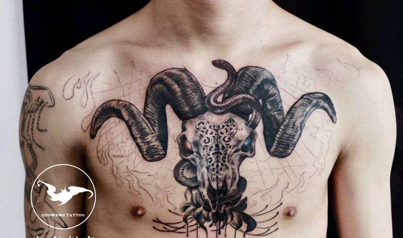 羊头骷髅（未完成）纹身图片_胸部欧美写实纹身图案