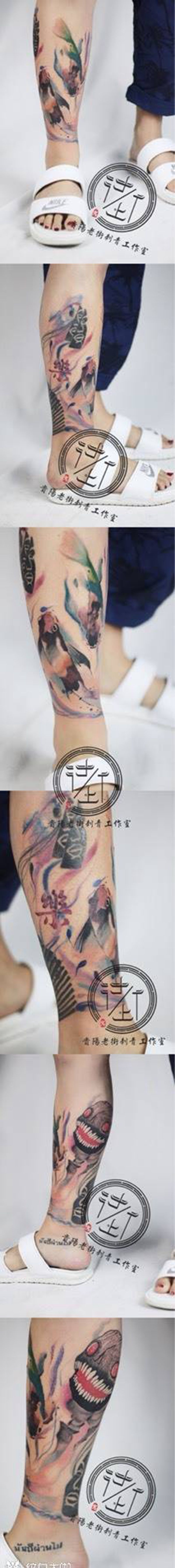 水墨丹青纹身图片_腿部水彩水墨纹身图案