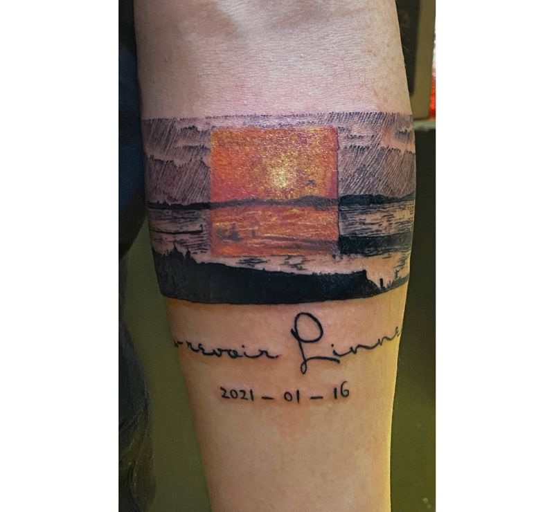 再见琳尼尔纹身图片_手臂几何落日臂环风景纹身图案