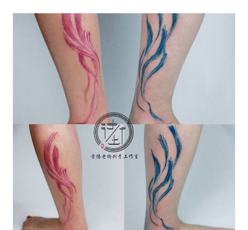 情侣图纹身图片_腿部水彩情侣纹身图案