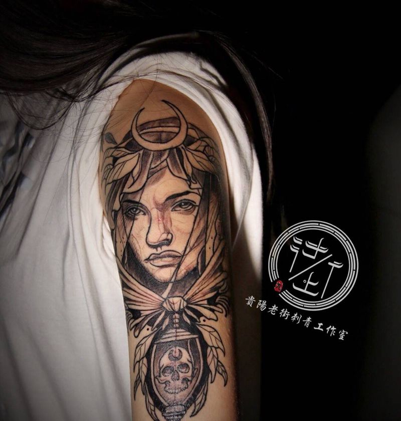 欧美速写女头纹身图片_成品手臂欧美肖像人物贵阳纹身图案