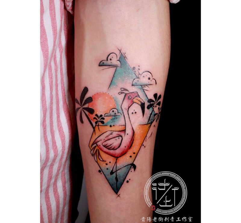 火烈鸟水彩纹身图片_水彩纹身图案