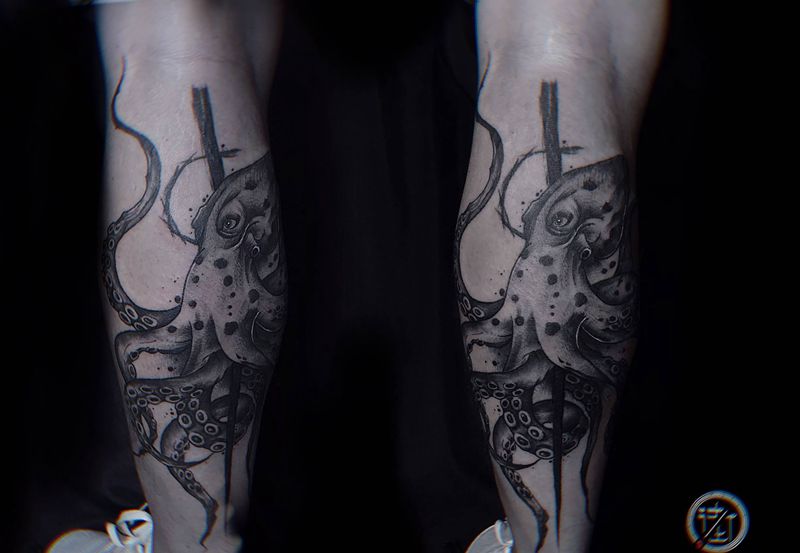 暗黑章鱼纹身图片_腿部欧美写实暗黑纹身图案