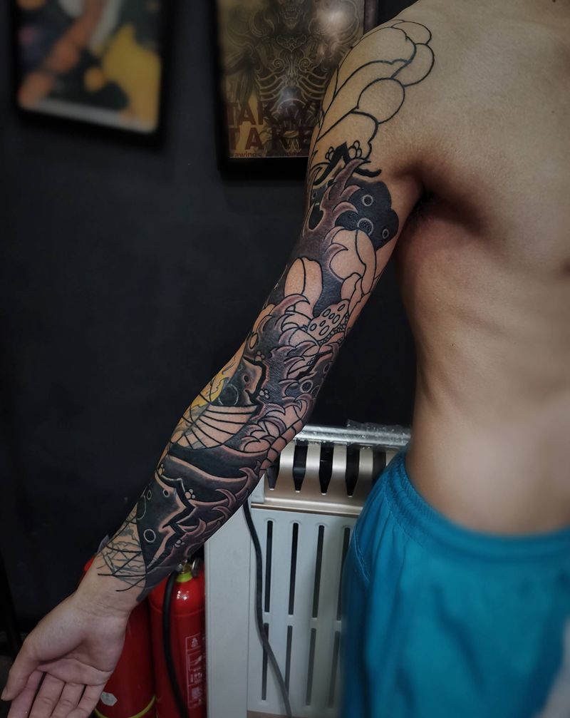 老传统花臂遮盖失败艺伎未完成纹身图片_老传统纹身图案
