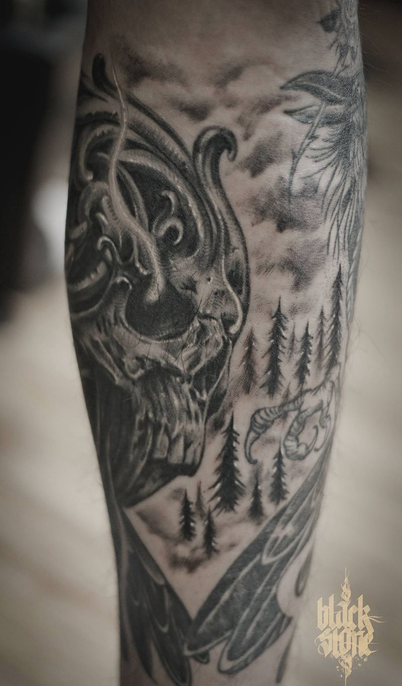 暗黑包小腿,骷髅,乌鸦纹身图片_腿部欧美写实纹身图案