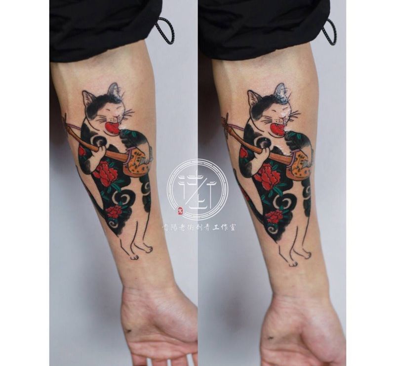 日式猫纹身图片_手臂老传统日式猫纹身图案