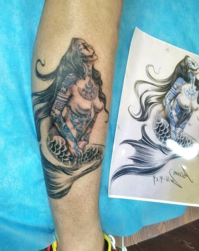 美人鱼纹身图片_腿部纹身图案