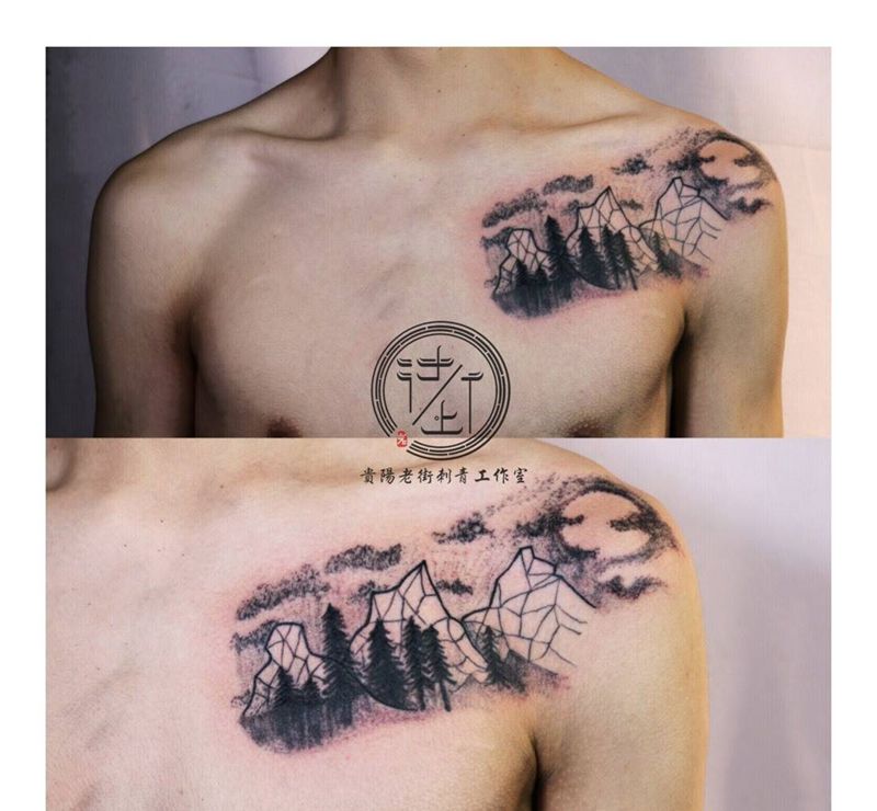原创现画遮盖纹身图片_肩部点刺纹身图案