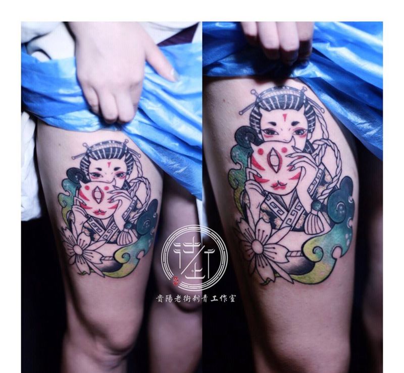 艺伎未完成纹身图片_腿部New School新传统艺伎纹身图案
