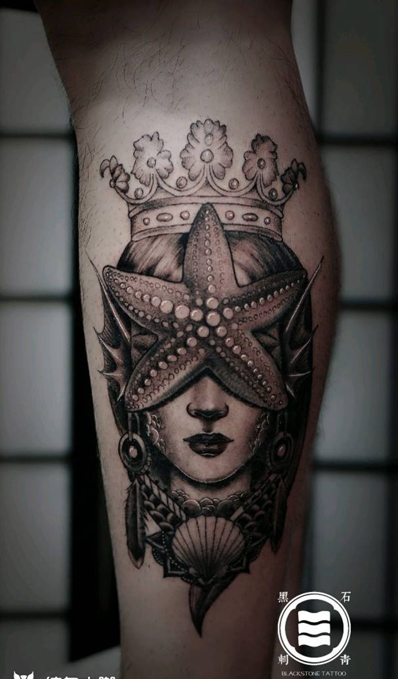 海星女神纹身图片_腿部欧美写实纹身图案