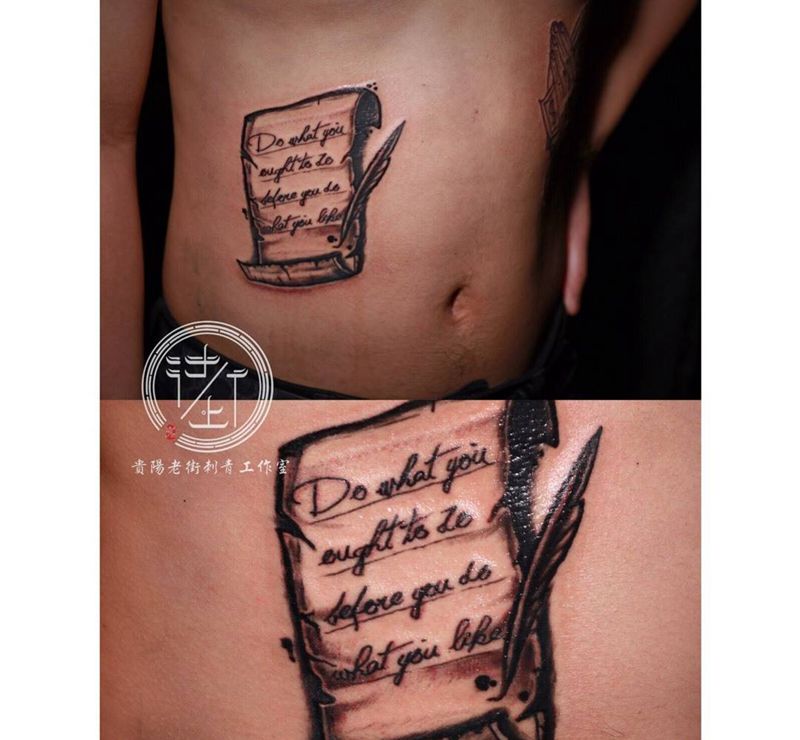 书信纹身图片_腹部腰部Old School点刺纹身图案