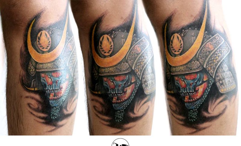 彩色写实鬼武士纹身图片_腿部欧美写实纹身图案