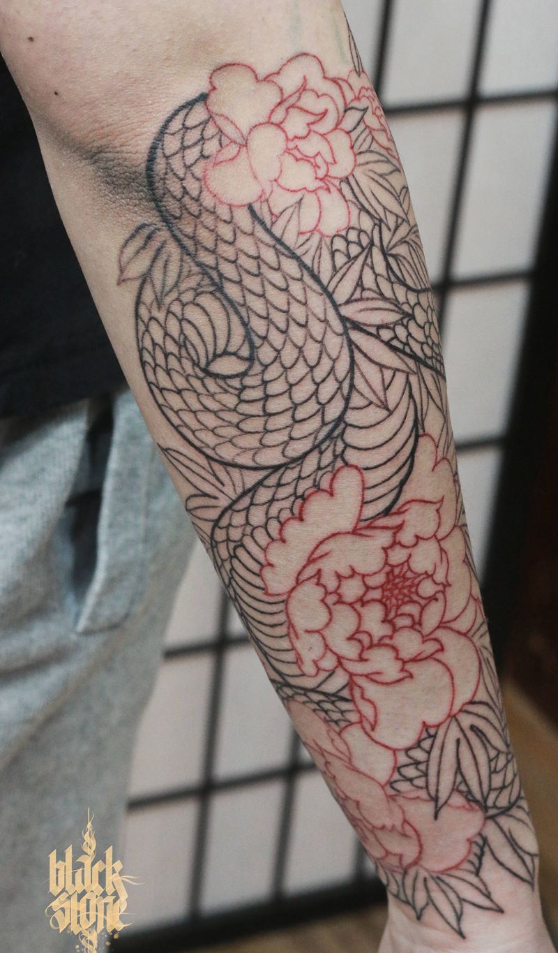 花与蛇,未完成纹身图片_手臂新传统纹身图案