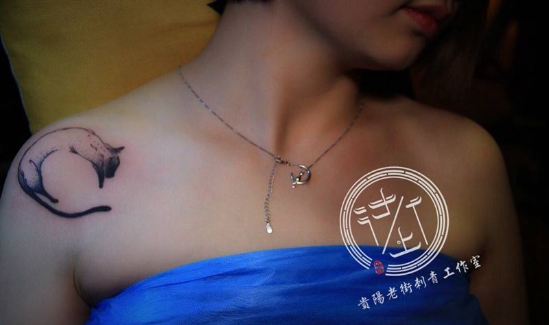 暹罗猫纹身图片_成品肩部清新动物贵阳欧美纹身图案