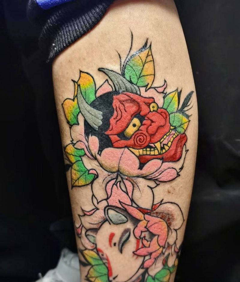 般若，狐面纹身图片_腿部纹身图案