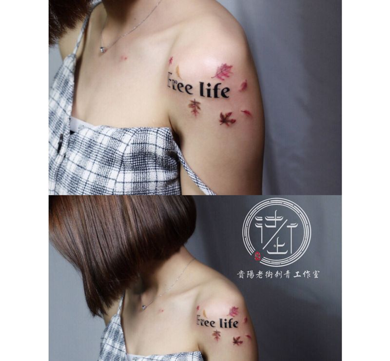 小清新纹身图片_肩部水彩水墨纹身图案