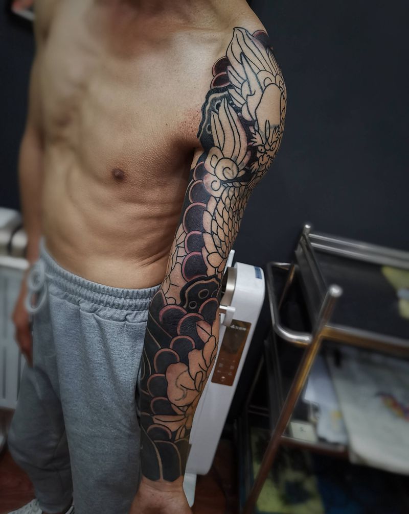 老传统花臂未完成下次继续纹身图片_老传统纹身图案